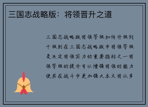三国志战略版：将领晋升之道